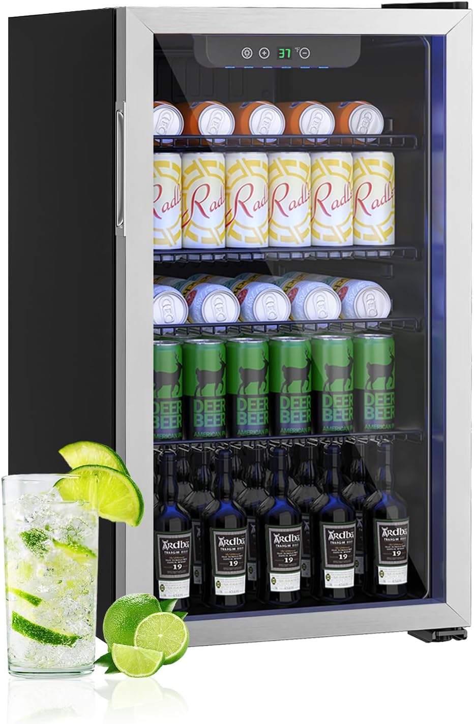 Erivess 3.2 Cubic Feet Mini Fridge,126 Can Freestanding Beverage Refrigerator with Glass Front Door for Soda, Beer Under Counter Small Refrigerator with Adjustable Shelves and Digital Display(Silver)