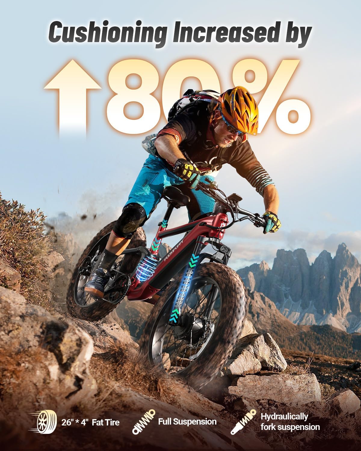 PUCKIPUPPY Dual Motor Electric Bike for Adults 1600W, Full Suspension Dual Hydraulic Disc Brake 26' Fat Tire E Bike, 48V 20AH Battery,8 Speed,28MPH 80Miles Range Mountain Electric Bicycle, GoldenR Pro