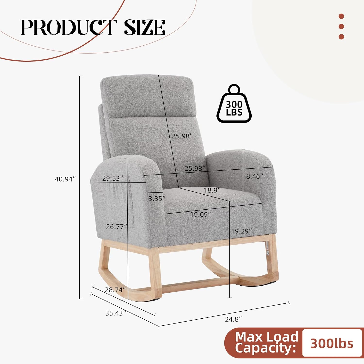 GAOMON Rocking Chair Glider for Nursery, Comfy Rocker Nursery with Side Pocket & High Backrest, Baby Rocking Chair for Breastfeeding, Upholstered Rocker & Living Room, Light Gray
