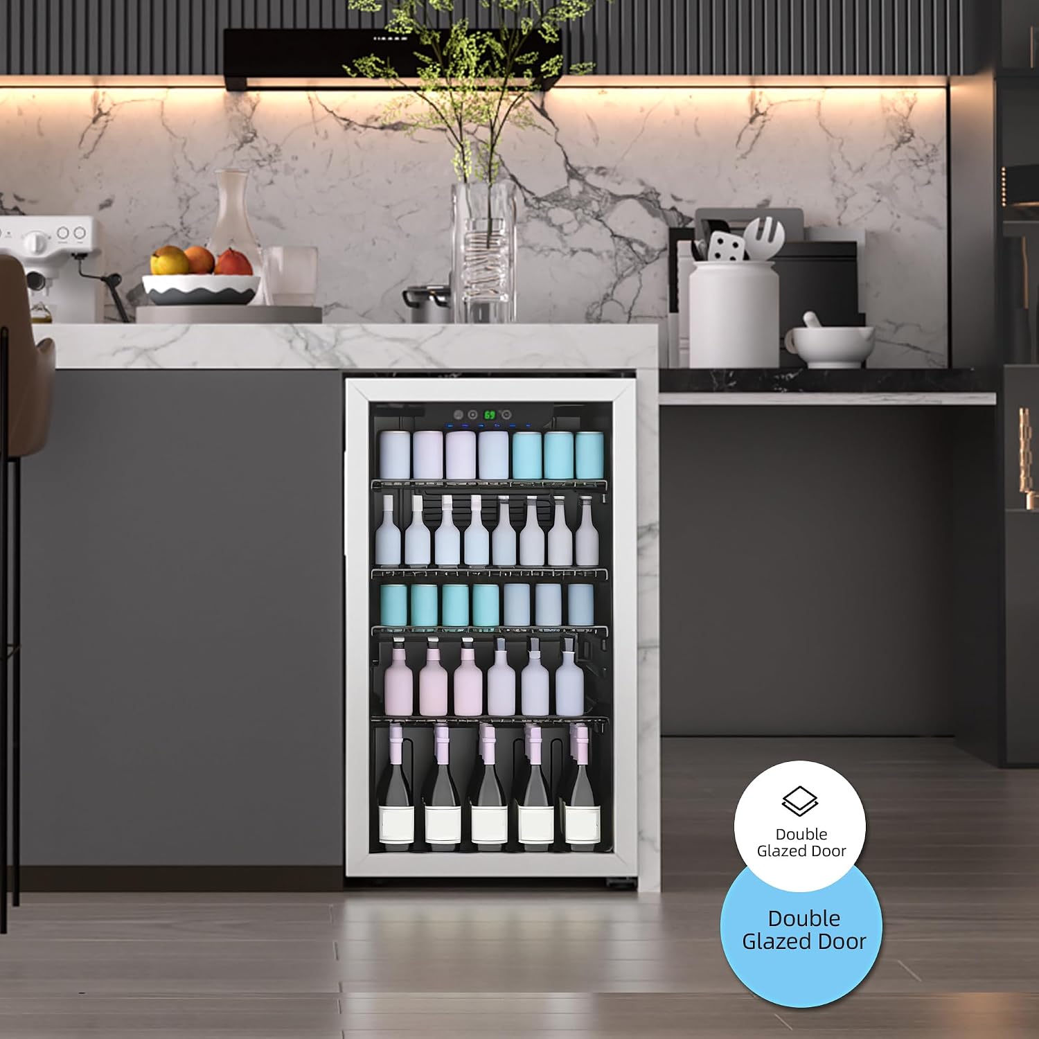 Erivess Compact Beverage Refrigerator,126 Can/3.2 Cubic Feet Fridge with Glass Door for Soda, Beer Under Counter Small Refrigerator with Adjustable Shelve & LED Display(Silver)