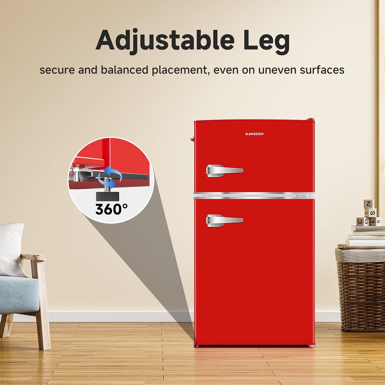 BANGSON 3.2 CU.FT Mini Fridge with Freezer Bedroom, 2 Door Office Small Refrigerator, Door Handle, Bottle Opener, Quiet Compact Fridge For Dorm, Office, Home, Garage or RV, R-600a, Red