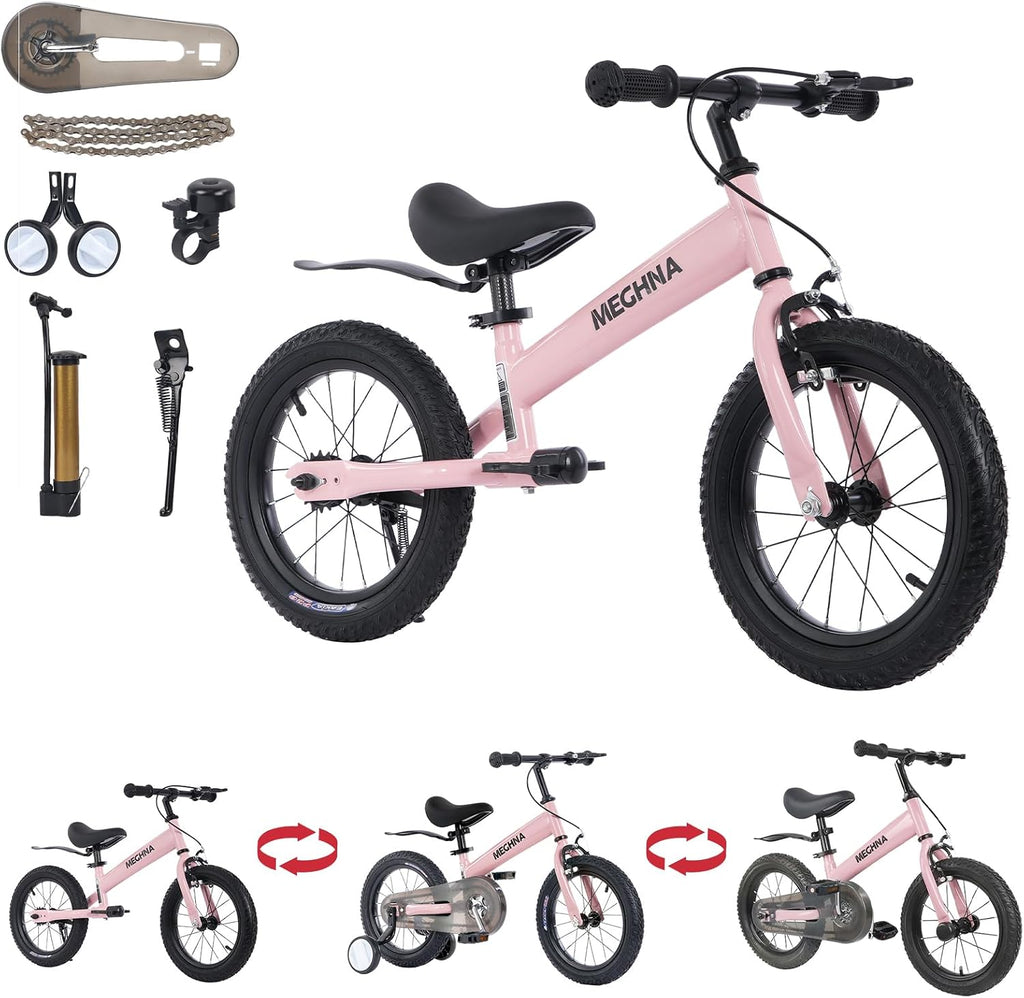 3-in-1 Montessori Balance Bike,Tri-Purpose of Kids Balance Bikes and Toddler Tricycles/Bikes，for 2 3 4 5 6 7 Years Old-14 inch Balance Bike with Training Theory, Pedal Kit, Training Wheels,Brakes