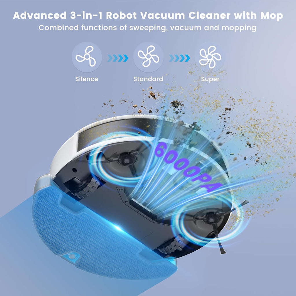 OKP Lidar Robot Vacuum and Mop Combo, 6000Pa Automatic Robotic Vacuum, Smart Mapping, 3.7 inch Thin, 150 Min Max, 5G WiFi/App/Alexa Control, Ideal for Pet Hair, Hardfloors, Carpets, Home(L6 Aqua)