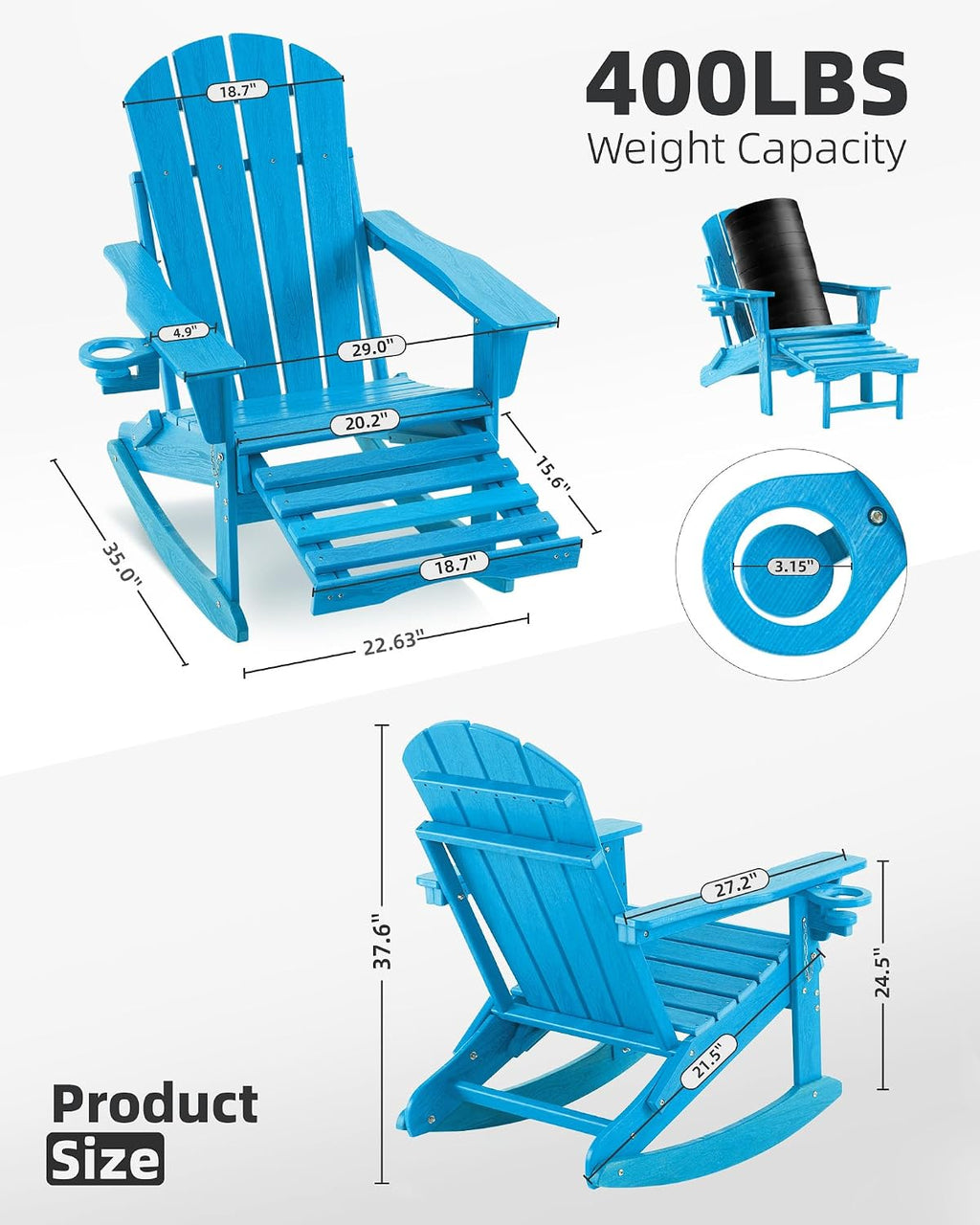 Folding Adirondack Rocking Chair Set of 2,4-in-1 Multifunctional Patio Chairs with Retractable Ottoman, Outdoor Chairs Wood Texture, Lawn Chair for Porch, Backyard, Pool(Pacific Blue)