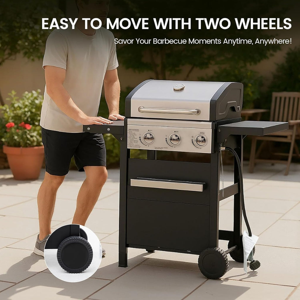 3-Burner Propane Gas Grill with Heavy Duty Waterproof Cover | 27,000 BTU, 3 Stainless Steel Gas Grill Burners & Electronic Ignition, Detachable Oil Tray for Outdoor BBQ Grill