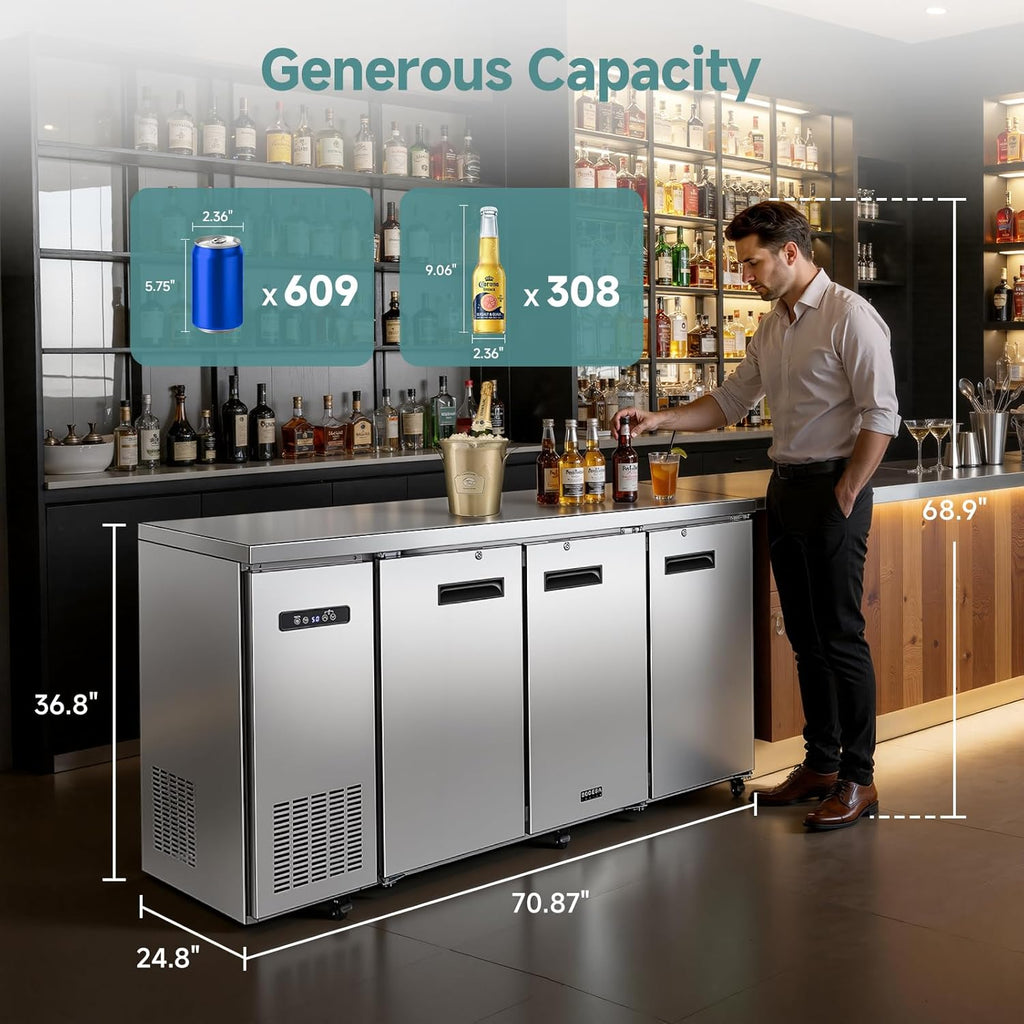BODEGA BODEGACOOLER Commercial Bar Cooler with 3 Solid Doors, 20.5 Cu.Ft Back Bar Beverage Refrigerator for Beer Soda Wine,LED Light, Stainless Steel Top,6 Casters for Kitchen Buffet Table Use
