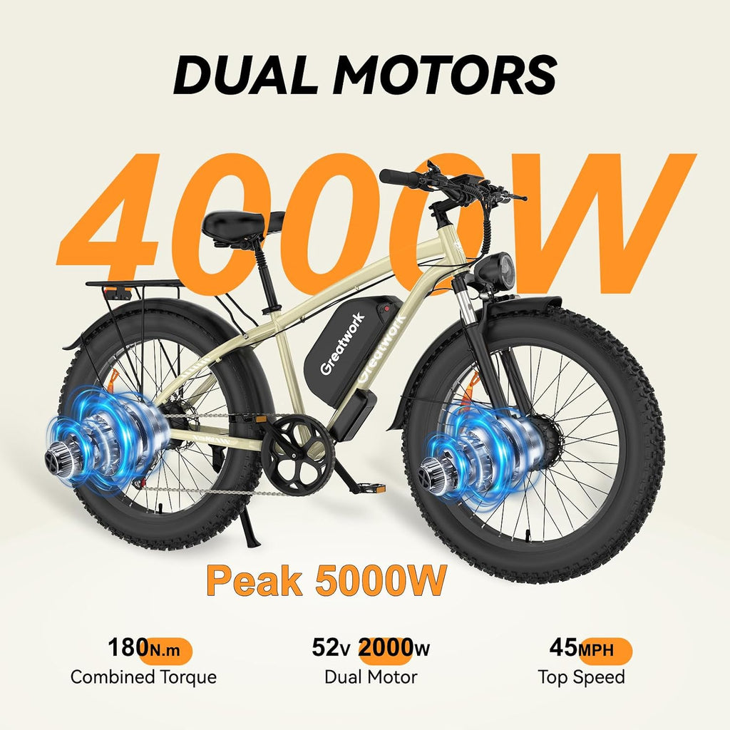 GREATWORK 52V 5000W Peak Dual Motor Electric Bike for Adults, 1300Wh Battery, Up to 45MPH & 100 Miles Range, 26' x 4.0 Fat Tire Electric Dirt Bike with Suspension, Mountain E-Bike for Men Women