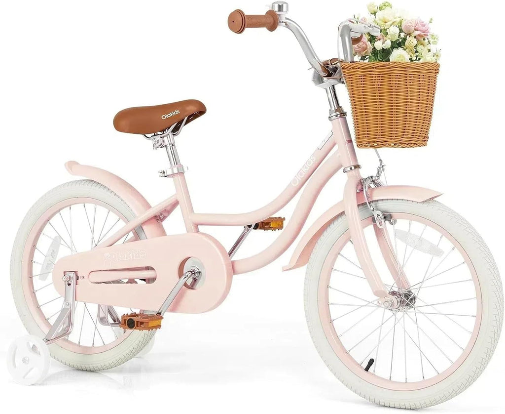 Olakids Kids Bike, 12 14 16 18 20 Inch Toddlers Bike with Training Wheels Rattan Basket Safety Bell Adjustable Seat and Handlebar, Children's Bicycle for Girls Boys