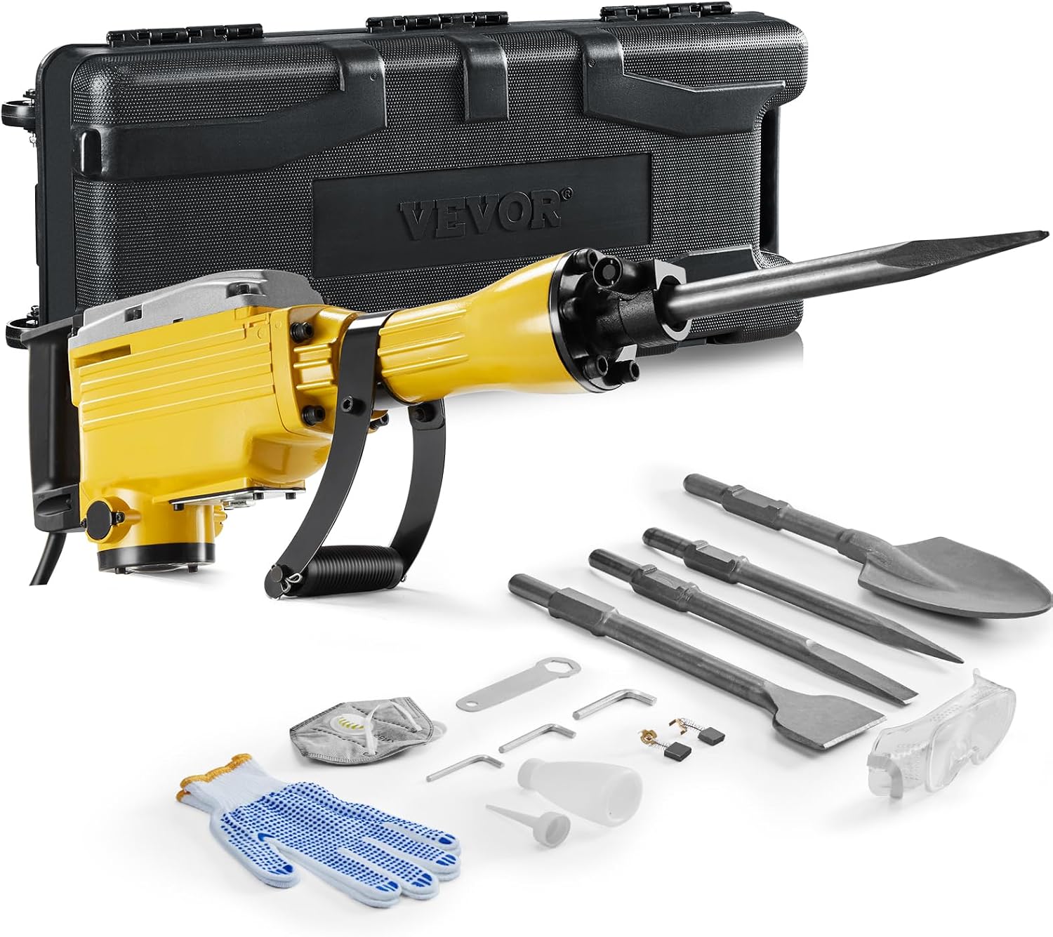VEVOR Demolition Jack Hammer, 2200W 1350 BPM Jack Hammer Concrete Breaker, Heavy Duty Electric Jack Hammer 4pcs Chisels Bit with Gloves, 360° Swiveling Front Handle for Trenching and Breaking Holes