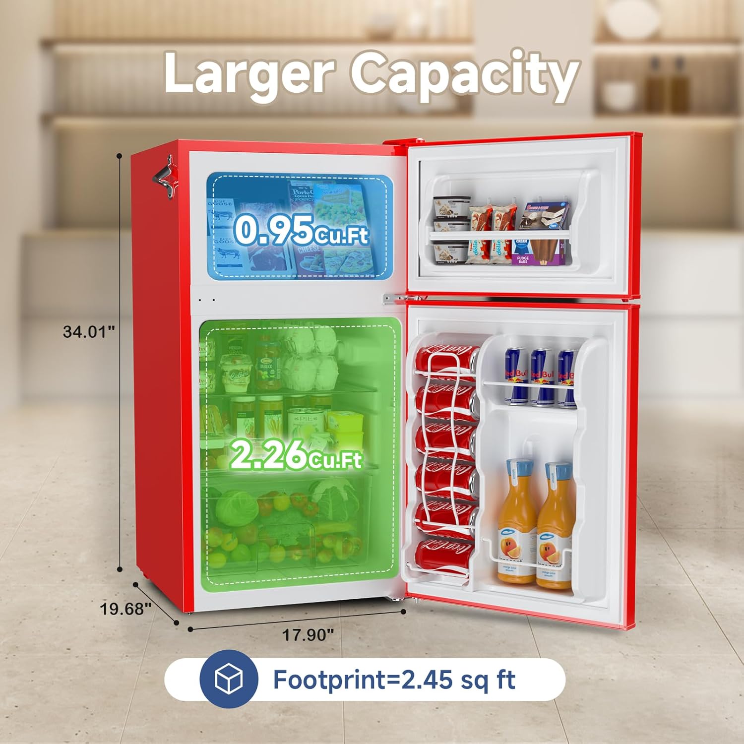 BANGSON 3.2 CU.FT Mini Fridge with Freezer Bedroom, 2 Door Office Small Refrigerator, Door Handle, Bottle Opener, Quiet Compact Fridge For Dorm, Office, Home, Garage or RV, R-600a, Red