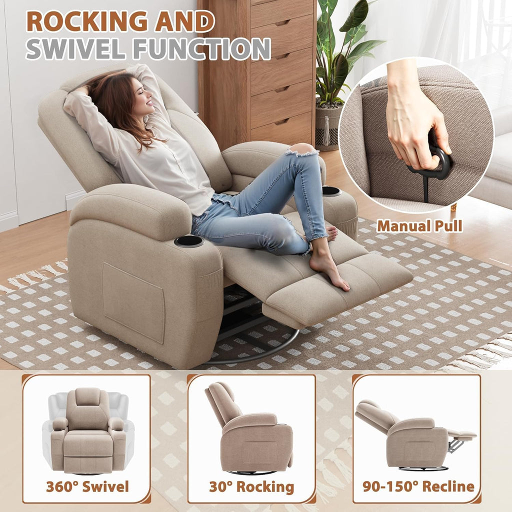 Flamaker Swivel Rocker Recliner Chair with Vibration Massage, 360° Swivel Recliner Chairs for Adults Ergonomic Lounge Chair with Cup Holders Lazy Boy Recliner Single Sofa Seat (Fabric, Khaki)