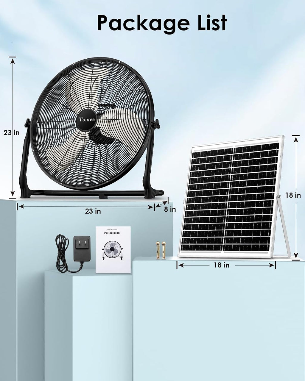 20' Large Solar Fan, Portable Battery Operated Floor Fan, 50W Rechargeable Solar Powered Wireless Camping Fan Outdoor, Waterproof, Hi-airflow, Cordless, for Outside Home Garage Gym Patio Travel