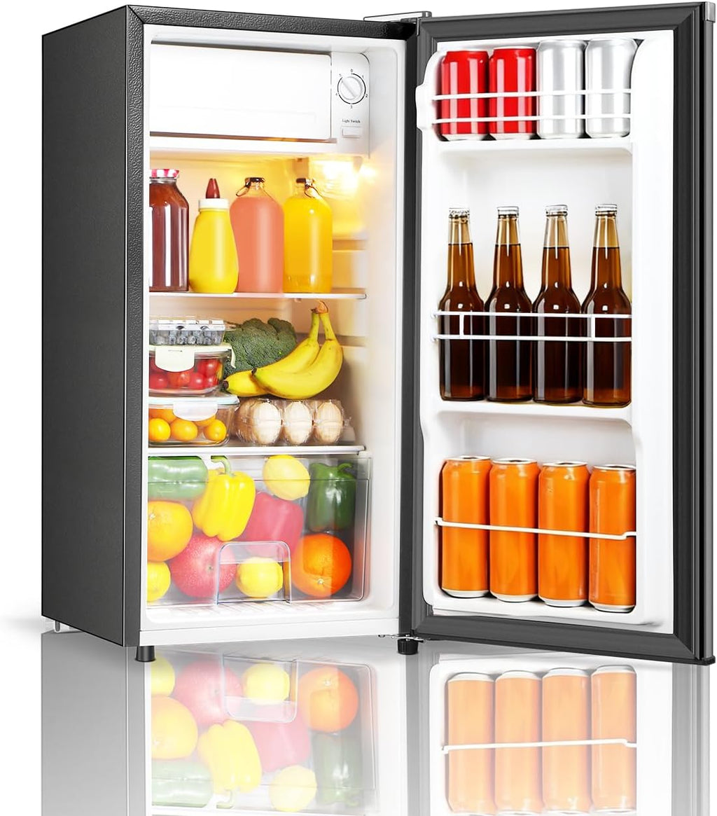 Seaoola Mini Fridge with Freezer, Single Door 3.1 Cu.Ft, Compact Mini Refrigerator, LED Light, Adjustable Thermostat, Removable Glass Shelves, Small Refrigerator for Dorm/Office/Bedroom(Sliver)