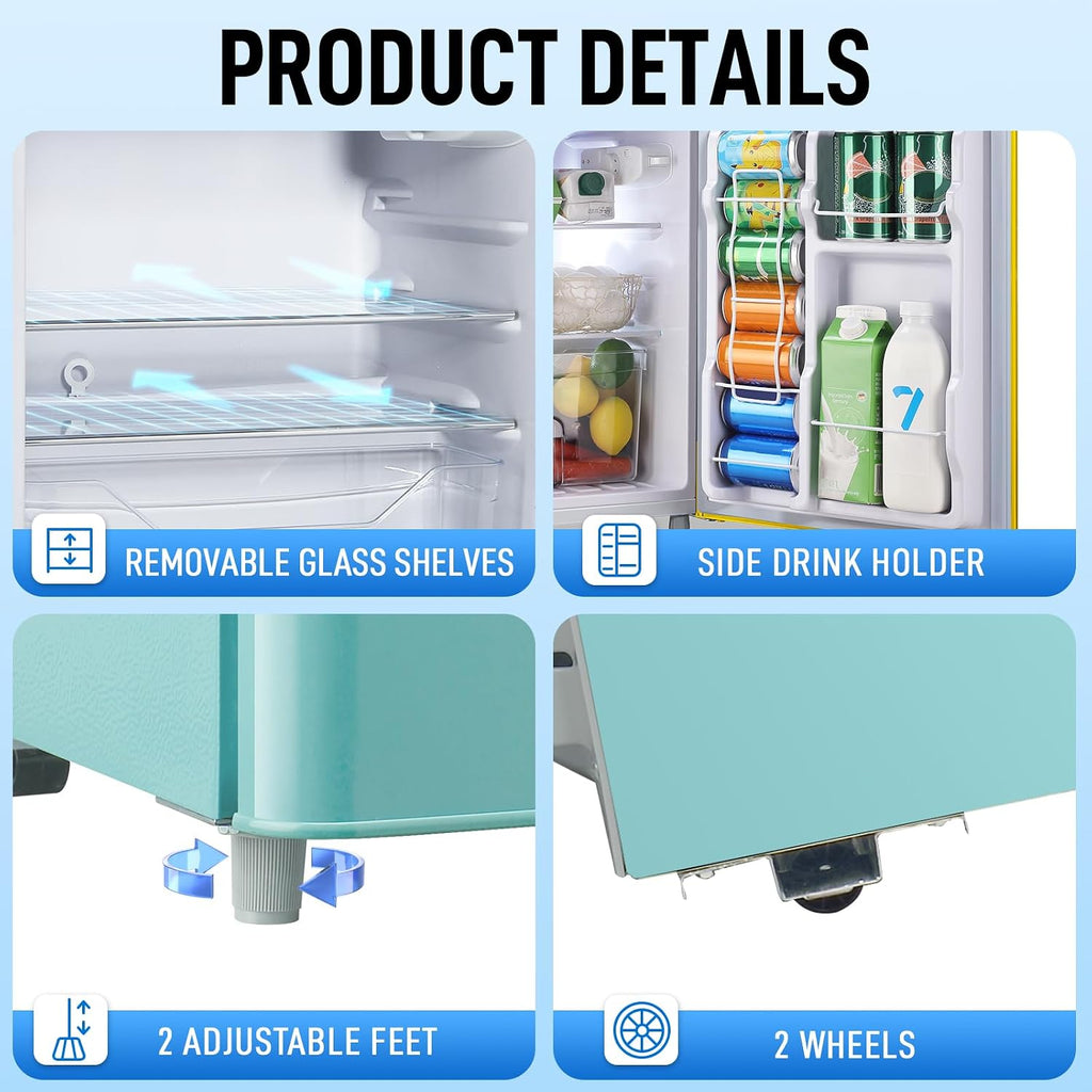 WANAI 2 Door 2 Handle Refrigerator with Freezer-on-top, Spacious 3.5 Cubic Feet Capacity Fridge with 7-Level Adjustable Thermostat & 2 Removable Shelves Blue