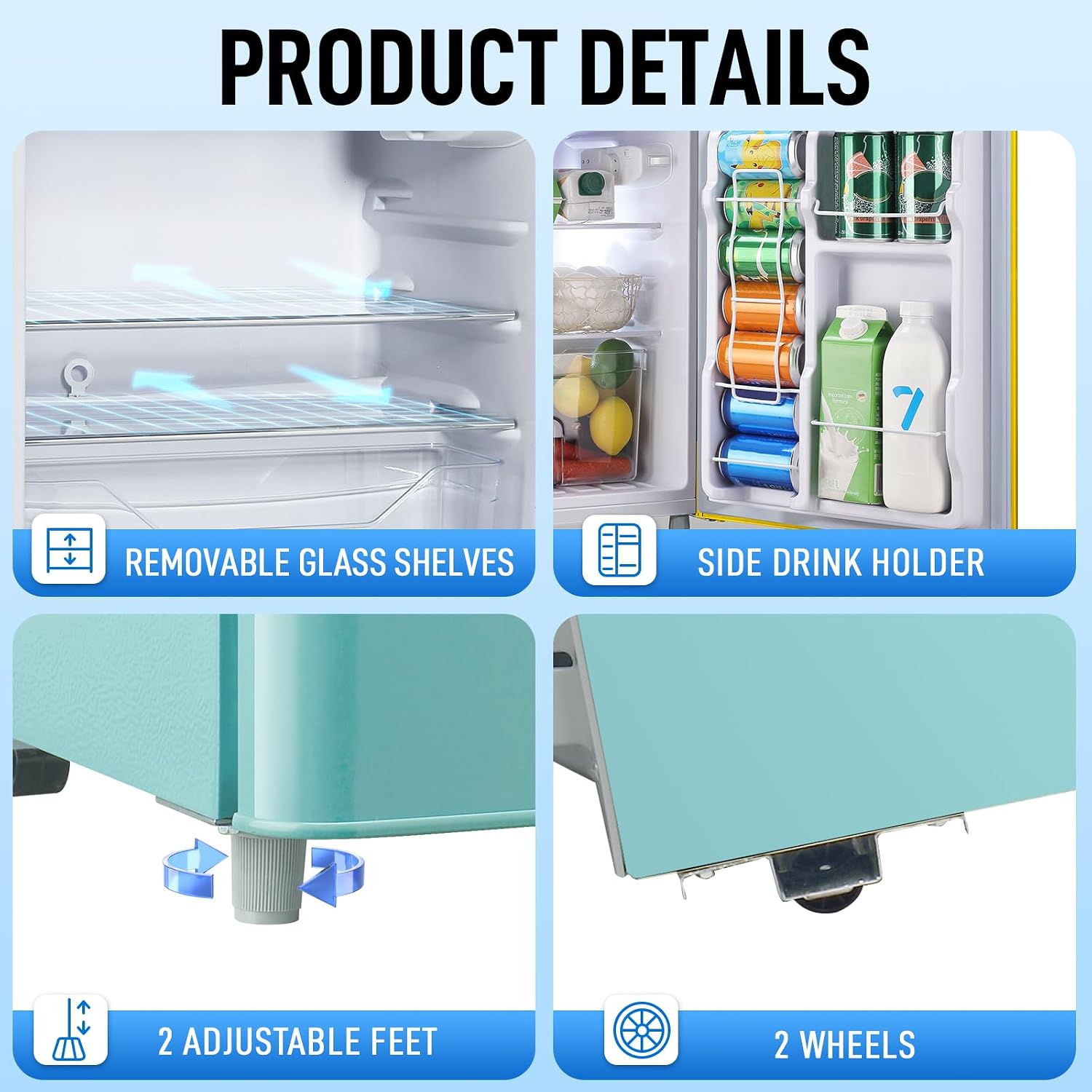WANAI 2 Door 2 Handle Refrigerator with Freezer-on-top, Spacious 3.5 Cubic Feet Capacity Fridge with 7-Level Adjustable Thermostat & 2 Removable Shelves Blue