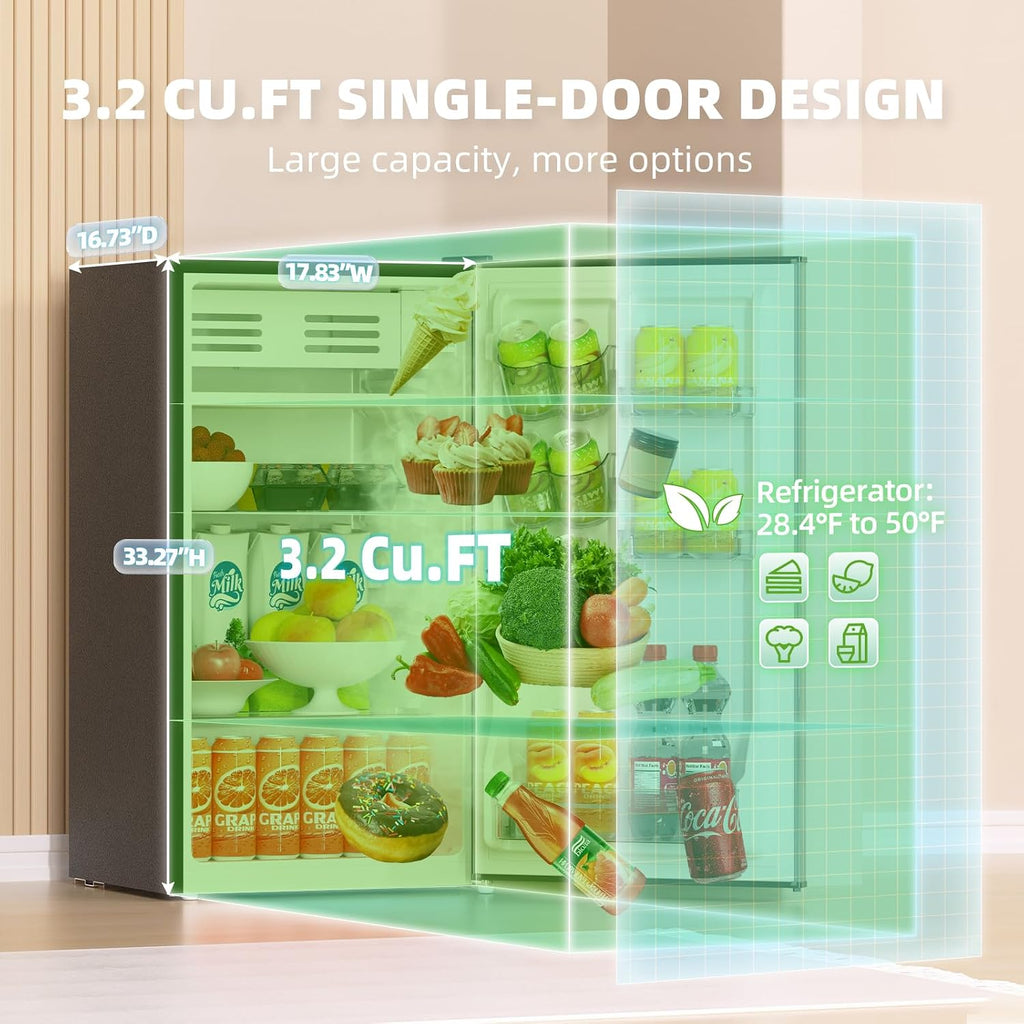 3.2 Cu. Ft. Mini Fridge with Freezer Small Refrigerator, Mini fridge for Bedroom, Dorm, Single Door, Energy Saving, Low Noise, Mini Fridge for Office (Grey)