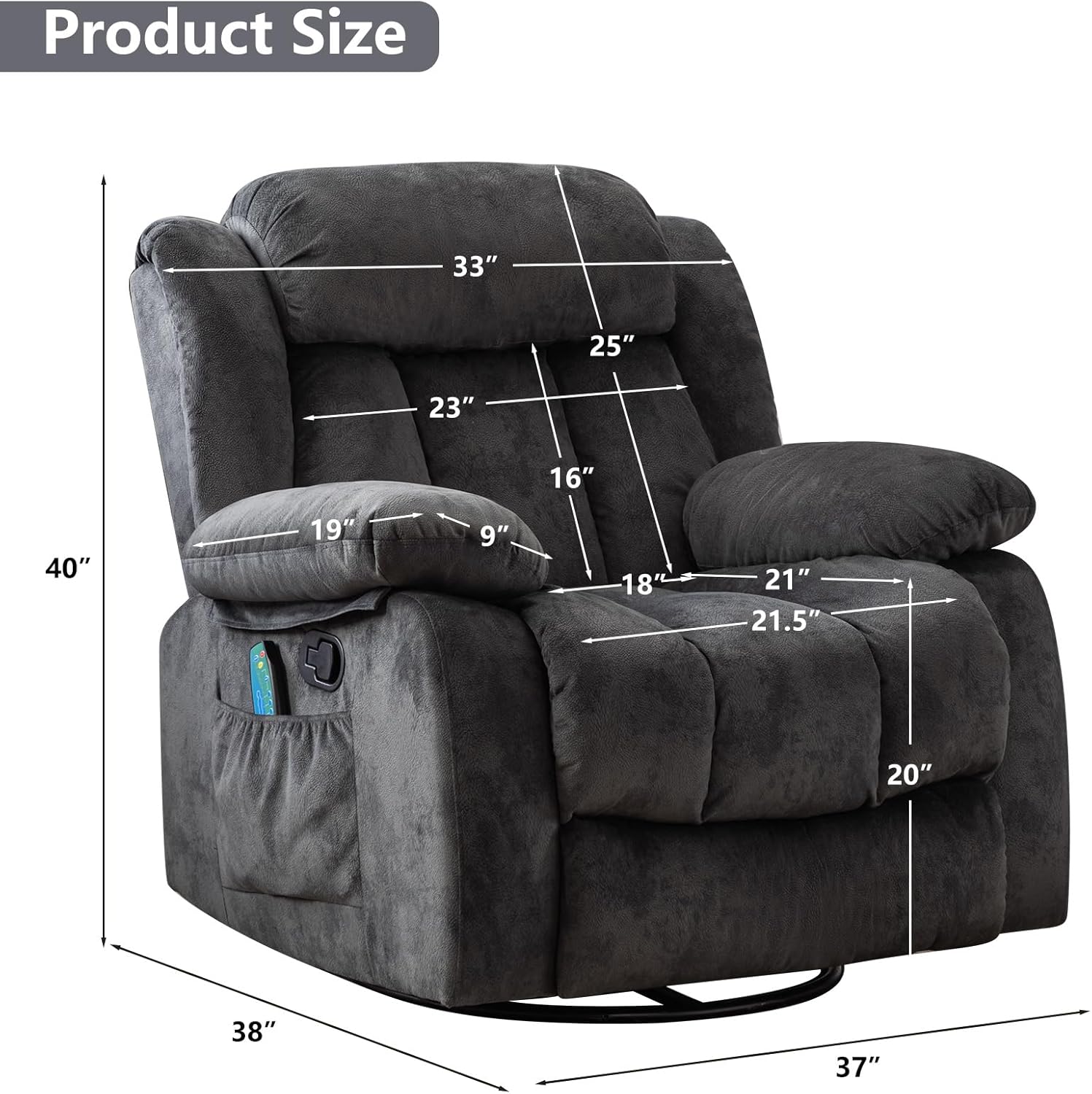 CANMOV Massage Swivel Rocker Recliner Chair with Heat and Vibration,360 Degree Manual Swivel Rocking Recliners with Side Pocket, Comfy Fabric Single Sofa Reclining Chair for Living Room, Grey