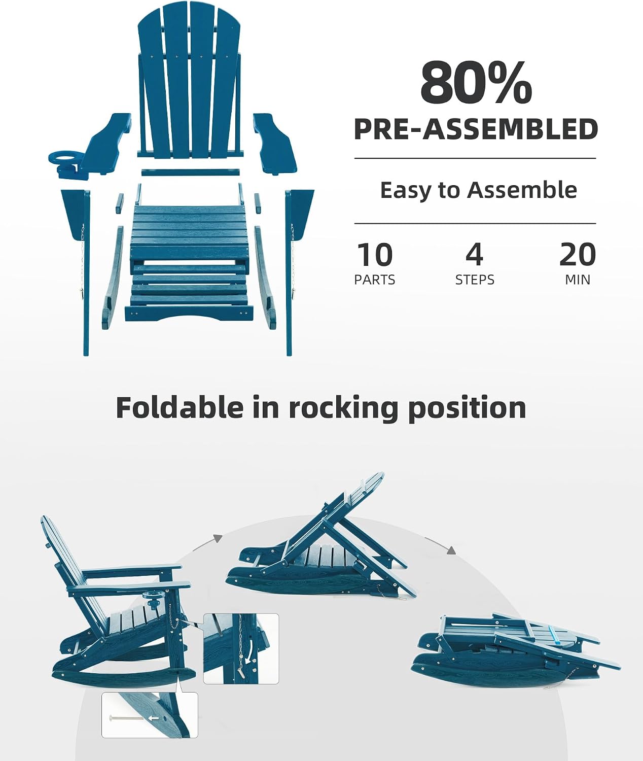 Folding Adirondack Rocking Chair,4-in-1 Multifunctional Patio Chair with Retractable Ottoman, Outdoor Chair Wood Texture, Lawn Chair for Porch, Backyard, Pool(Navy Blue)