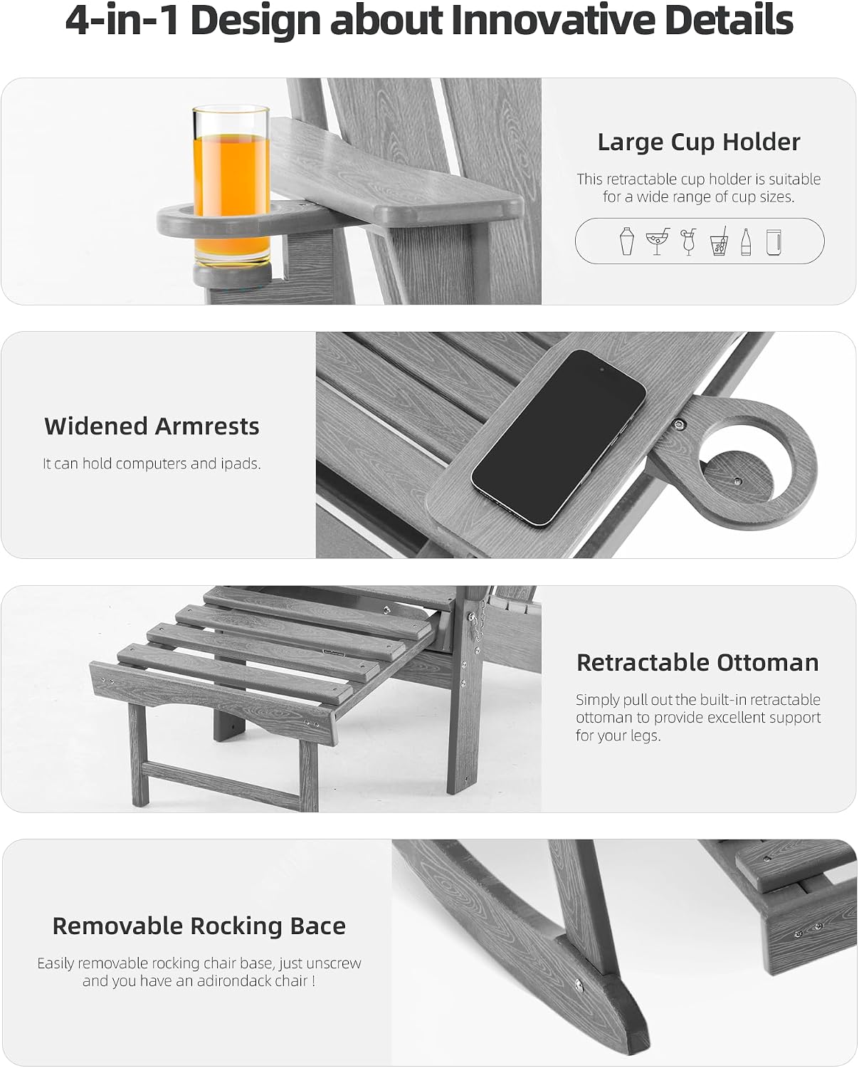 Folding Adirondack Rocking Chair,4-in-1 Multifunctional Patio Chair with Retractable Ottoman, Outdoor Chair Wood Texture, Lawn Chair for Porch, Backyard, Pool(Grey)