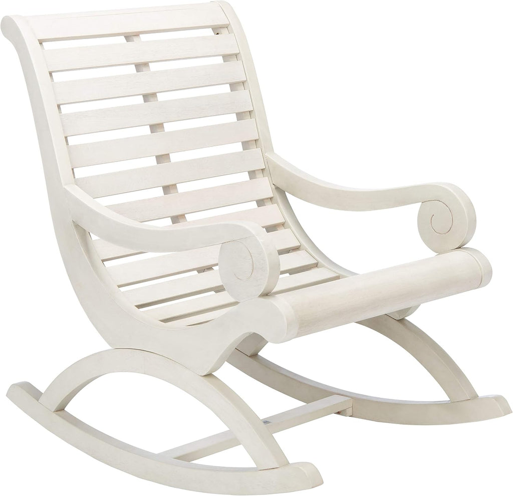 SAFAVIEH Outdoor - Sonora Rocking Chair - White Washed - Solid Wood - Transitional British Slatted Design - Ideal for Patio, Deck, Porch, Backyard, 17.7' Seat Height (PAT7016C)