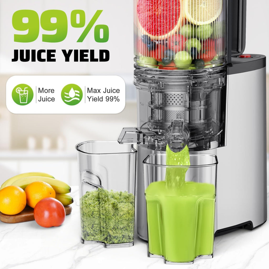 Cold Press Juicer, 5.3' Wide Feed Chute Juice Extractor Machine with 400W, High Juice Yield, Slow Masticating Juicer for Whole Vegetables & Fruits, Metallic Silver