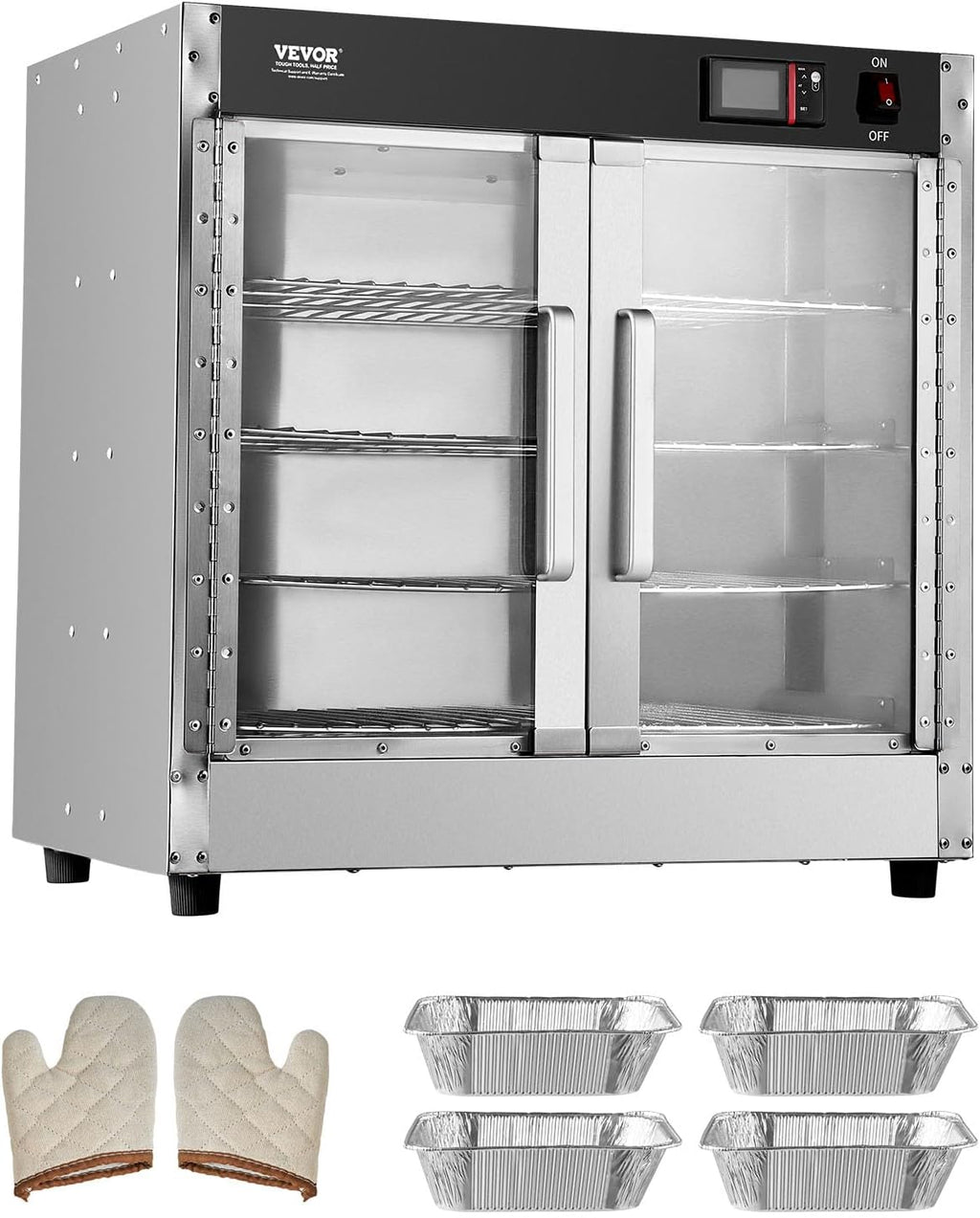 VEVOR Hot Box Food Warmer, 4-Tier Concession Warmer with Water Tray, 4 Pans, Glass Double-door and Adjustable Shelves, Stainless Steel Food Warmer Cabinet, Ideal for Storing Pizza, Chicken, Restaurant