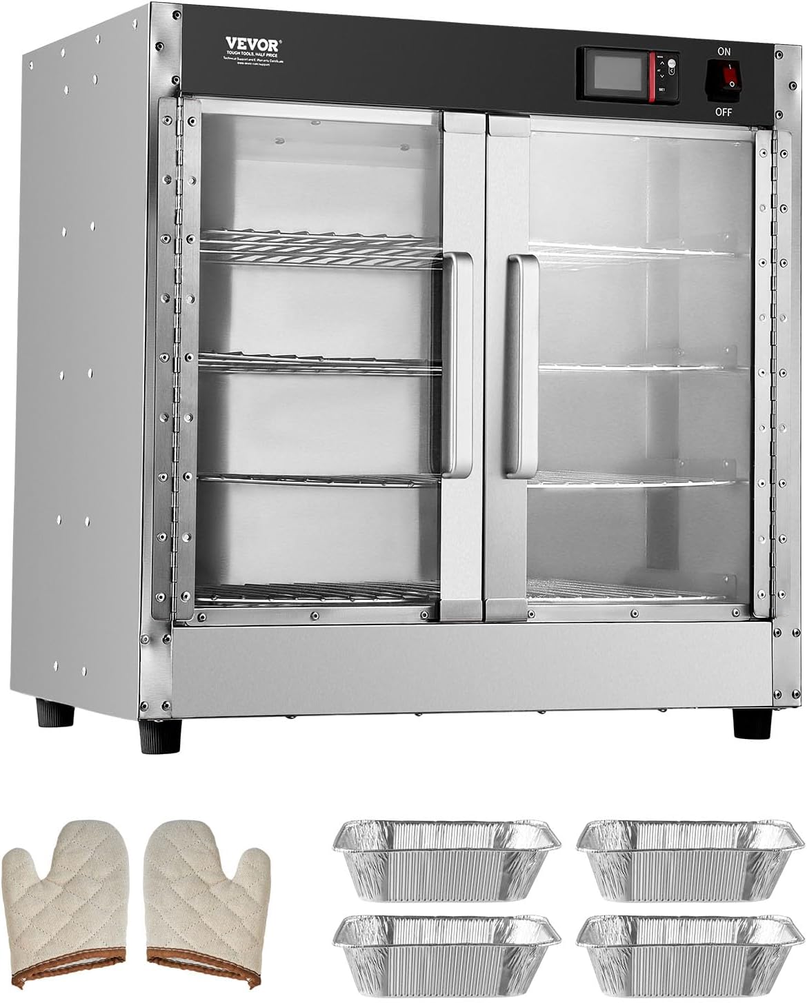 VEVOR Hot Box Food Warmer, 4-Tier Concession Warmer with Water Tray, 4 Pans, Glass Double-door and Adjustable Shelves, Stainless Steel Food Warmer Cabinet, Ideal for Storing Pizza, Chicken, Restaurant