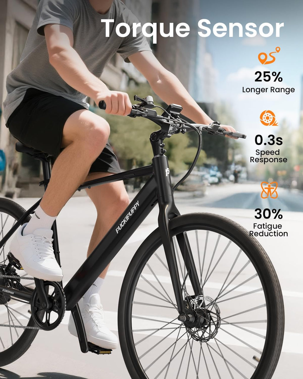 PUCKIPUPPY Electric Bike for Adults, 42lb Air-Light Aluminum Ebike with Torque Sensor, 28' Electric Bicycle with 360Wh Energy Battery, 600W 25MPH Peak E Bike, 7 Speed, 45Nm, Leather seat