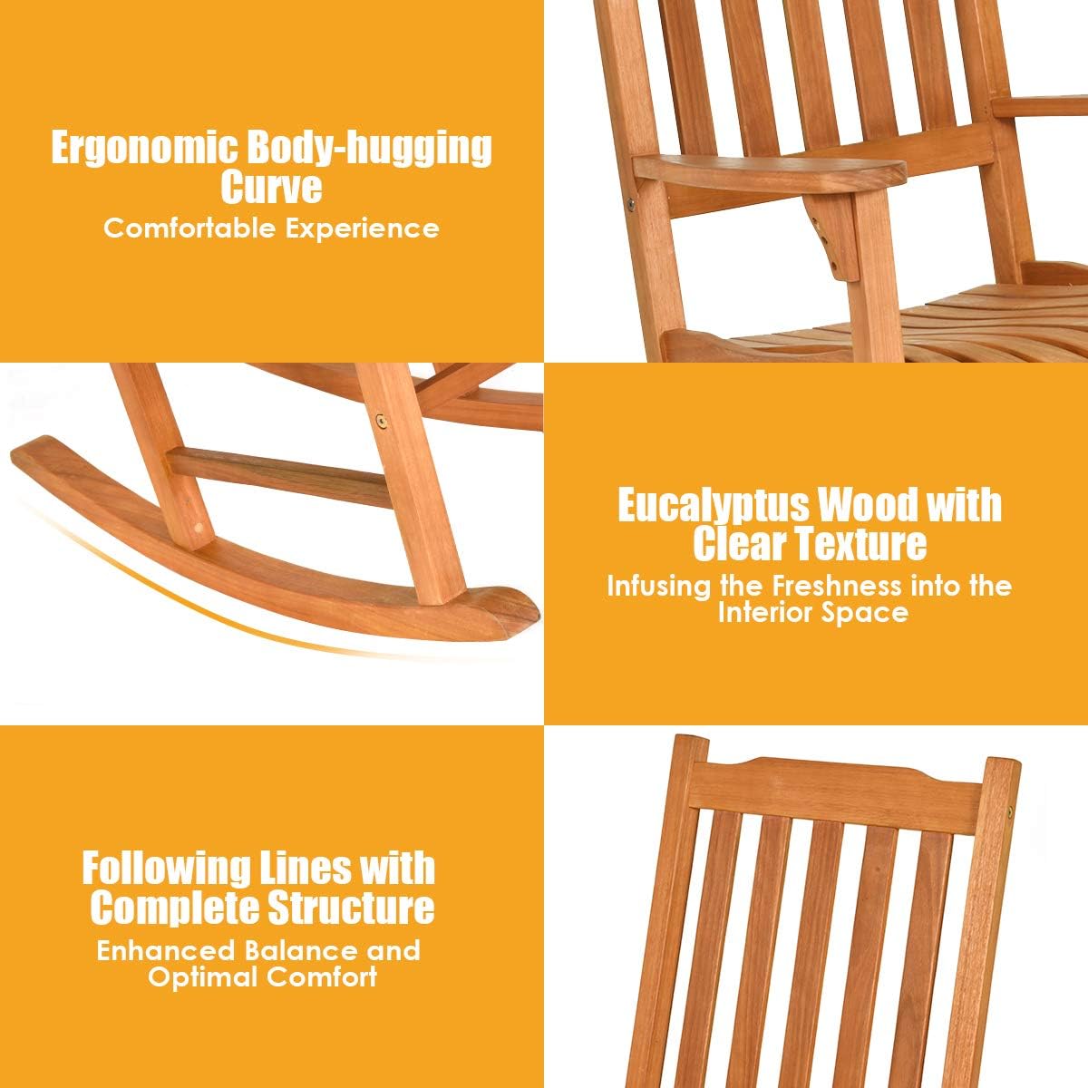 Giantex 3 Piece Patio Rocking Chair Set, Outdoor Wood Conversation Set w/ 2 Rockers & 1 Coffee Table, Eucalyptus Wooden Rocking Bistro Set for Backyard Porch Poolside Lawn