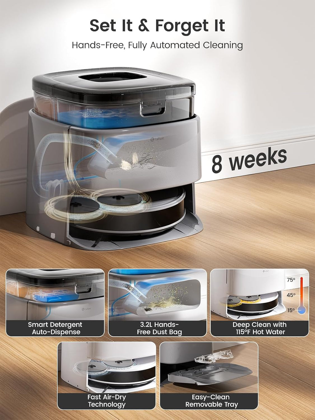 Lefant LiDAR Robot Vacuum and Mop, 20000Pa Suction, 90-Day Self-Emptying, Obstacle Avoidance, Auto Mop Washing&Drying, All-in-One for Pet Hair Carpet, 5G WiFi Alexa/APP/iWatch Control, M3 Max