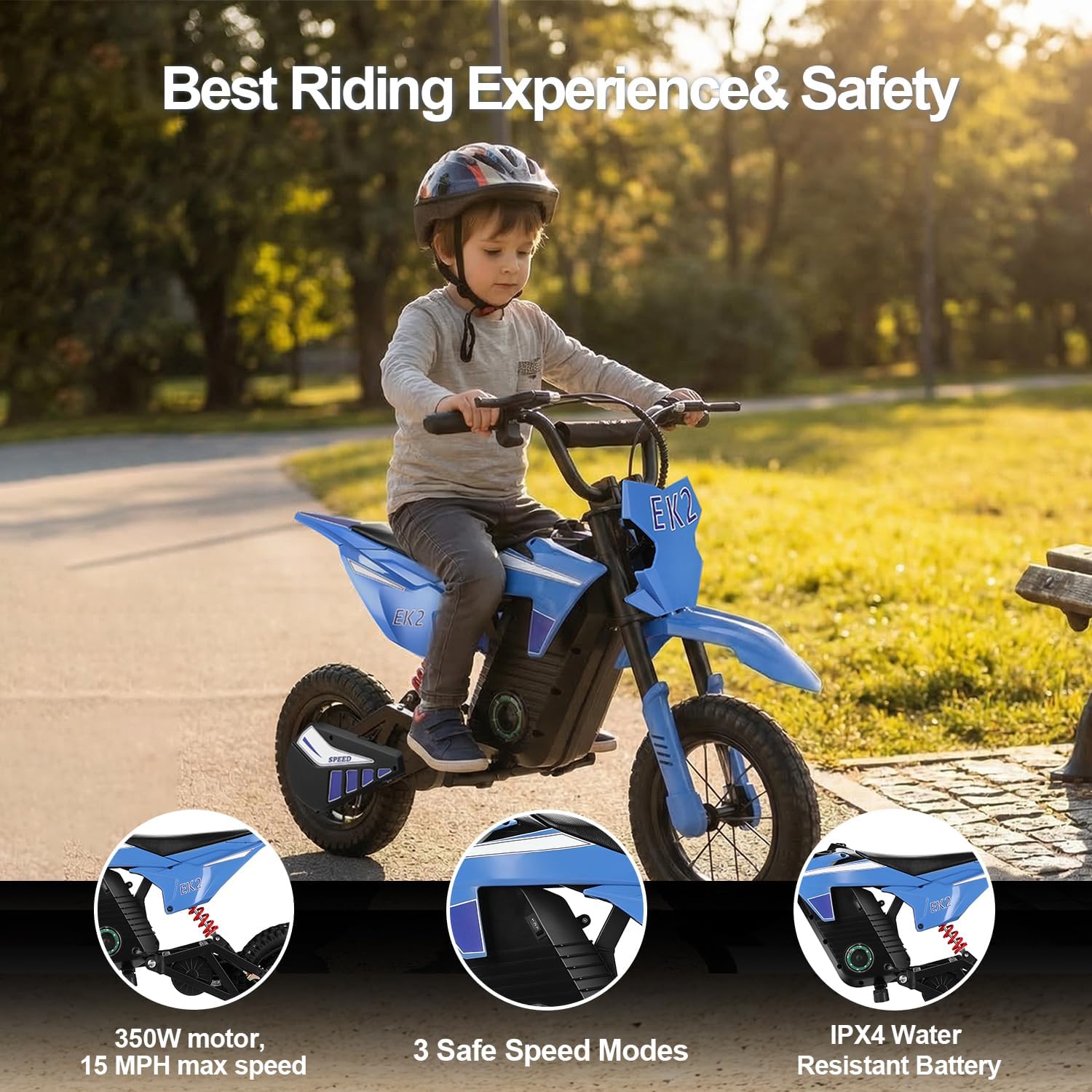 BLAZEGO EK2 Kids Electric Dirt Bike,350W Electric Motorcycle for Kids Ages 5-10,36V 5.2Ah Battery,15 MPH Max Speed,12 Miles Range,3-Speed Modes Motorcycle for Kids,Blue