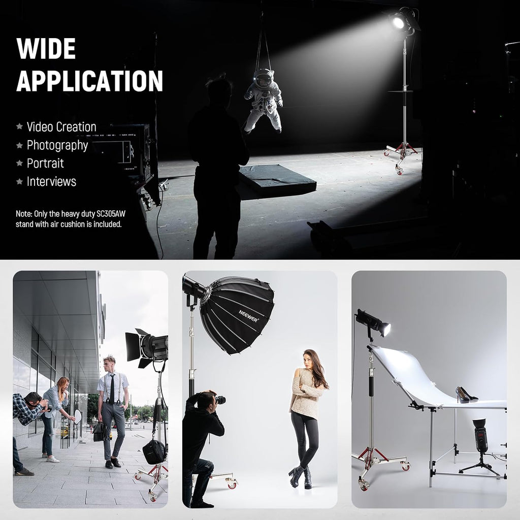 NEEWER 10ft Heavy Duty Air Cushioned Light Stand with Casters, Adjustable Tripod Stand, Stainless Steel Photography Wheeled Stand for Studio Flash Softbox Monolight Reflector, SC305AW