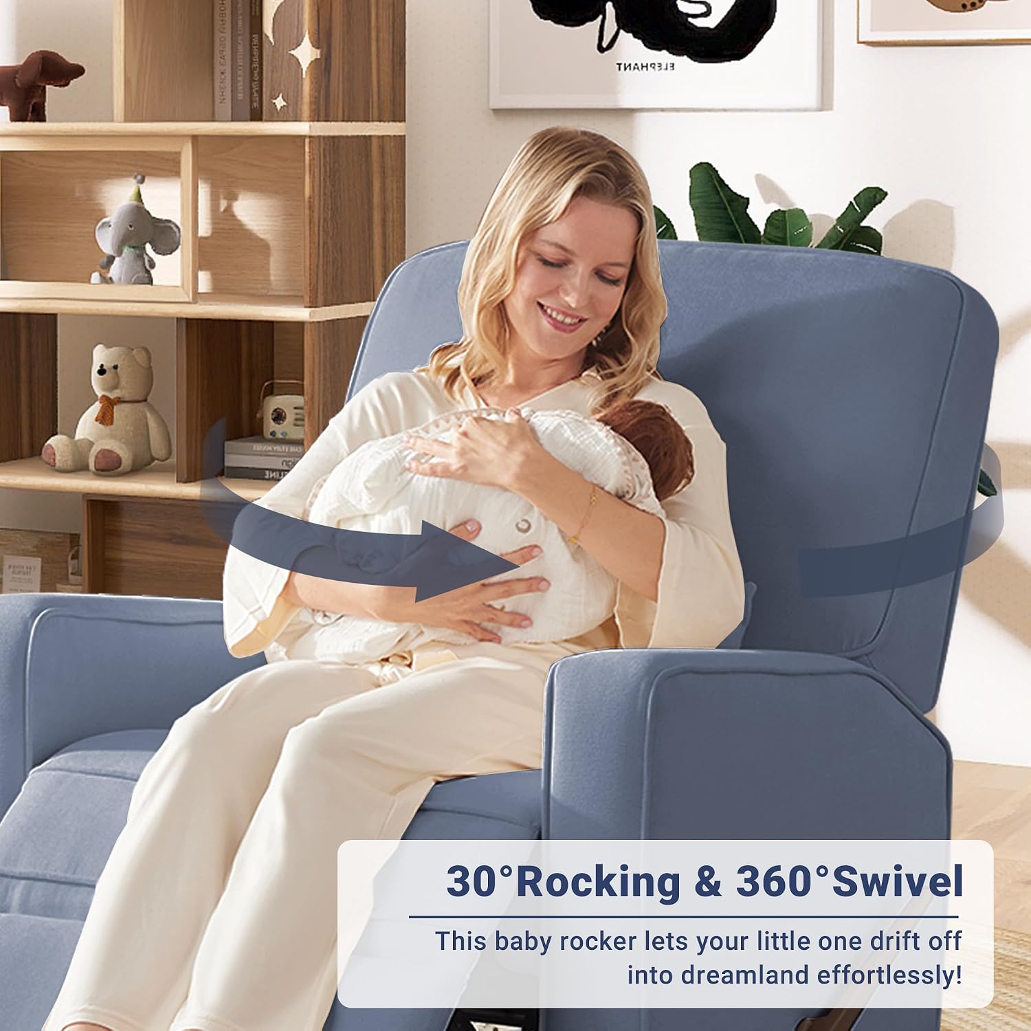 Tbfit Nursery Rocking Chair,360°Swivel Recliner Chair with Lumbar Support for Bedroom, Comfy Upholstered Armchair with Pillows & Footrest for Living Room & Baby Room