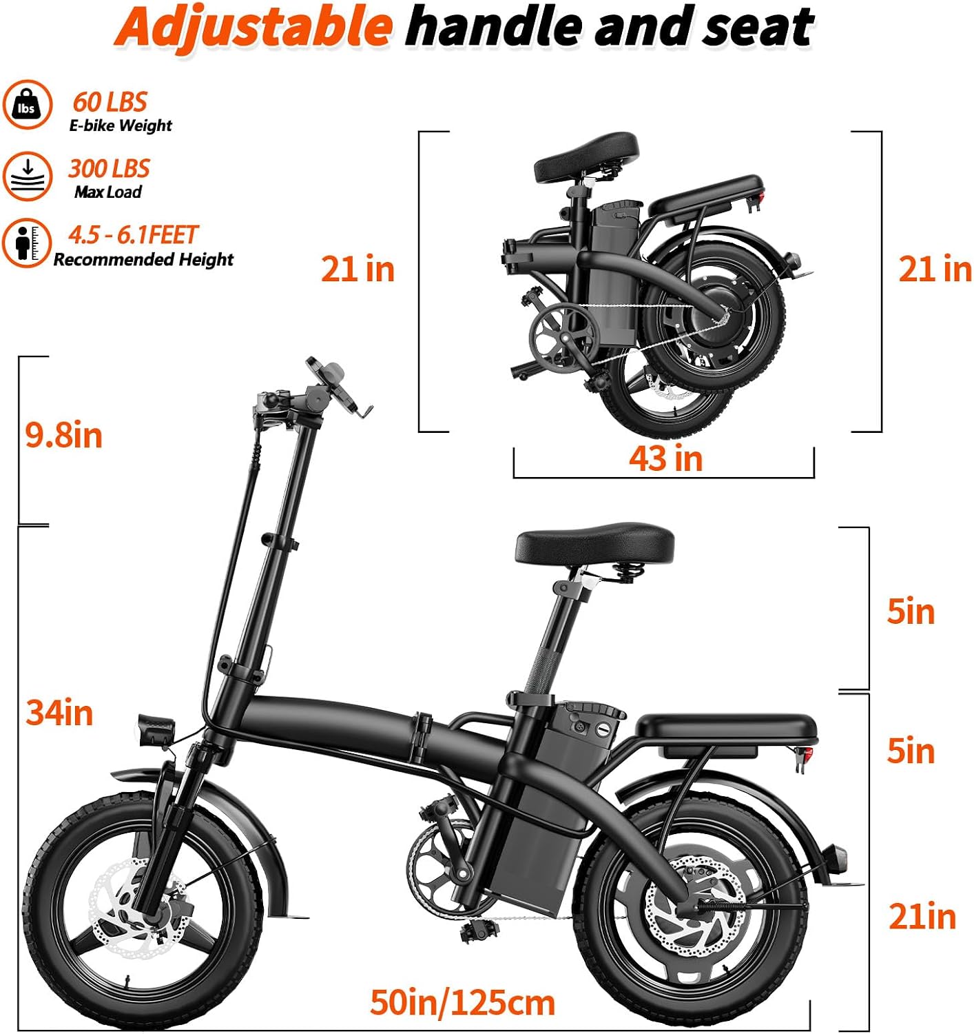 Electric Bike for Adults 500W Peak Motor, 14' Folding Ebike Max 23MPH, Electric Bicycle with 48V12AH Removable Battery, 35Mile PAS Range, Multi-Shock Absorption,UL 2849,Commuting Mini E Bikes