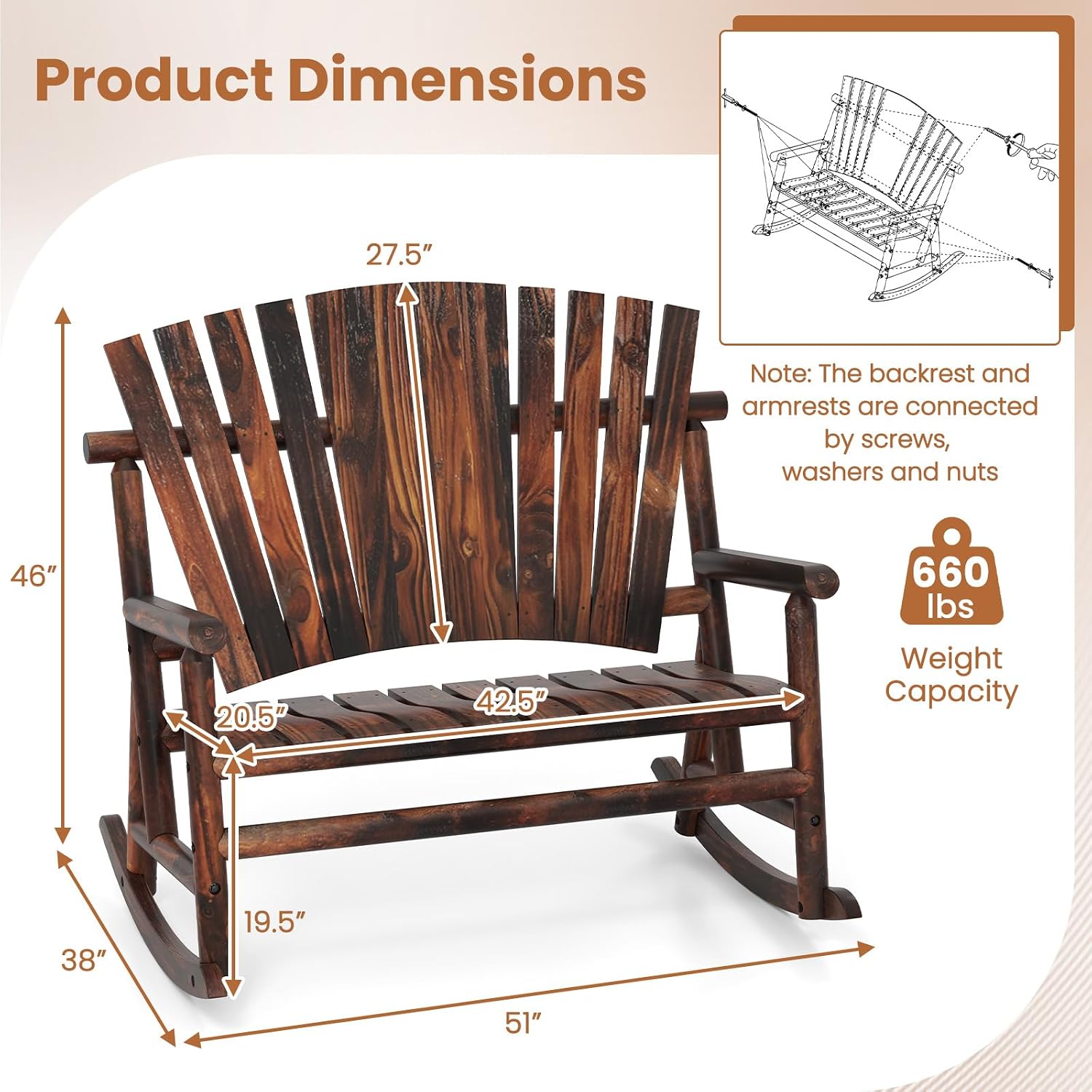 Tangkula 2-Person Wood Outdoor Rocking Chair, Outside Adirondack Rocker with High Back and Slatted Seat, Oversized Porch Rocking Chair for Balcony, Garden, Backyard, Patio