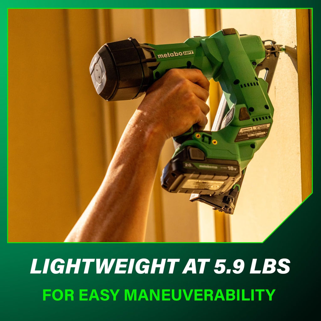 Metabo HPT 18V MultiVolt Brushless Pro 15-GA Angled Finish Nailer Kit, 15 Gauge Finish Nailer, Power Tool with 2.0Ah Lithium Ion Battery, 1-1/4' to 2-1/2' Nails, Powerful Brushless Motor, NT1865DAA