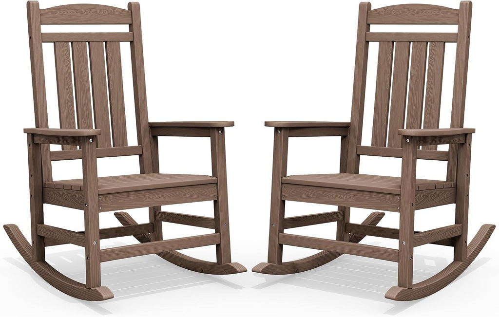 SERWALL Oversized HDPE Outdoor Rocking Chair Set of 2, Patio Rocking Chairs, All-Weather Porch Rockers for Adults, Brown
