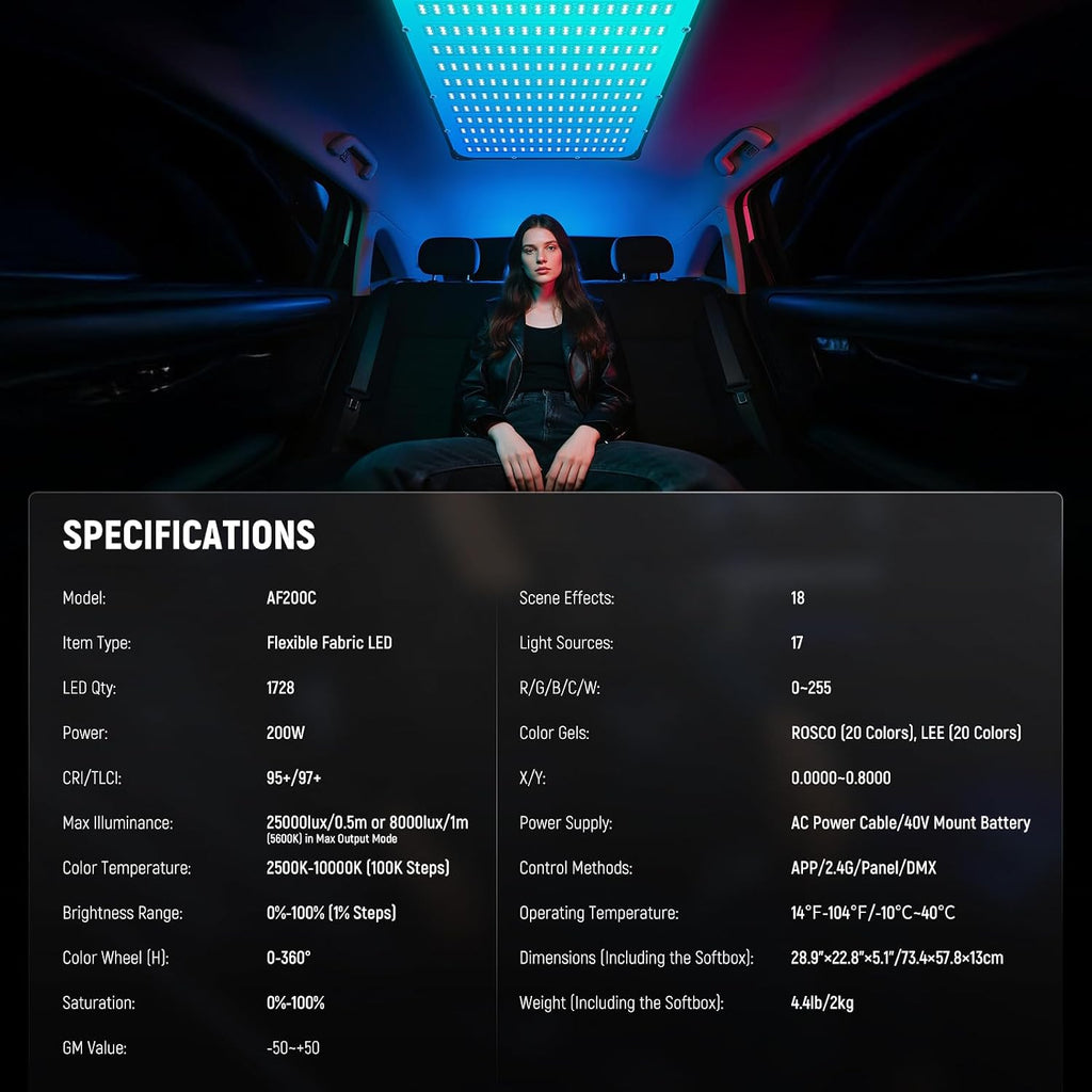 NEEWER Pro 200W Flexible LED Video Light, Studio RGB Panel Light Mat Kit with Softbox APP/2.4G/DMX Control 2500-10000K 25000lux/0.5m CRI95+, Key Lighting for Live Streaming Video Recording, AF200C
