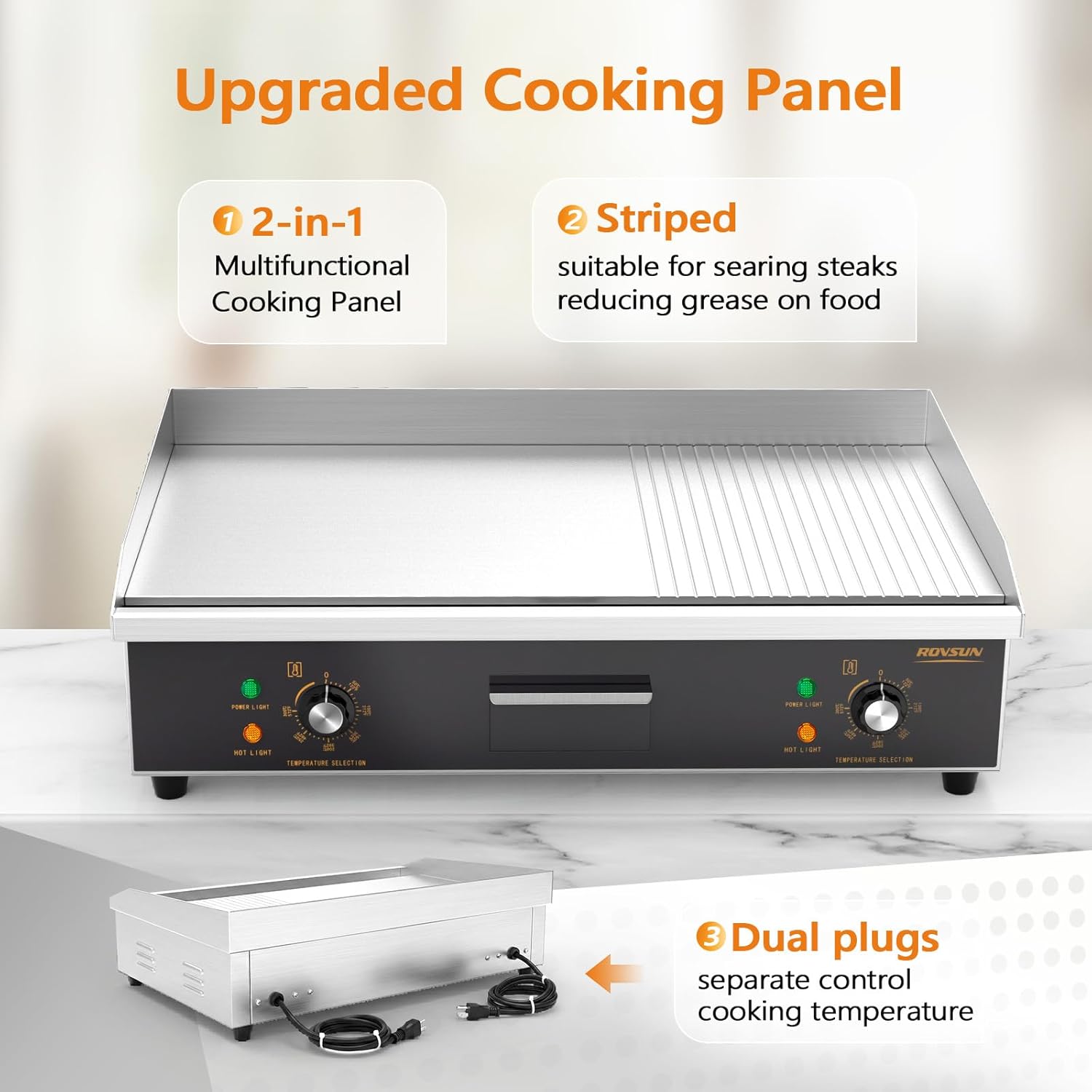 ROVSUN 30' Electric Griddle, Electric Countertop with Half Flat Top Griddle, 3000W Grill Stainless Steel with Adjustable Temperature Control 122°F-572°F for Commercial Home Restaurant, Plug