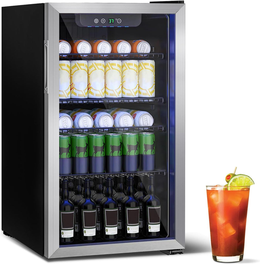 Stopasd Compact Beverage Refrigerator, 3.2 Cu.Ft/126 Can Drink Fridge with Adjustable Shelves & Glass Door for Soda Wine Beer, Quiet Undercounter Small Fridge for Home/Office/Bar/Garage,Sliver
