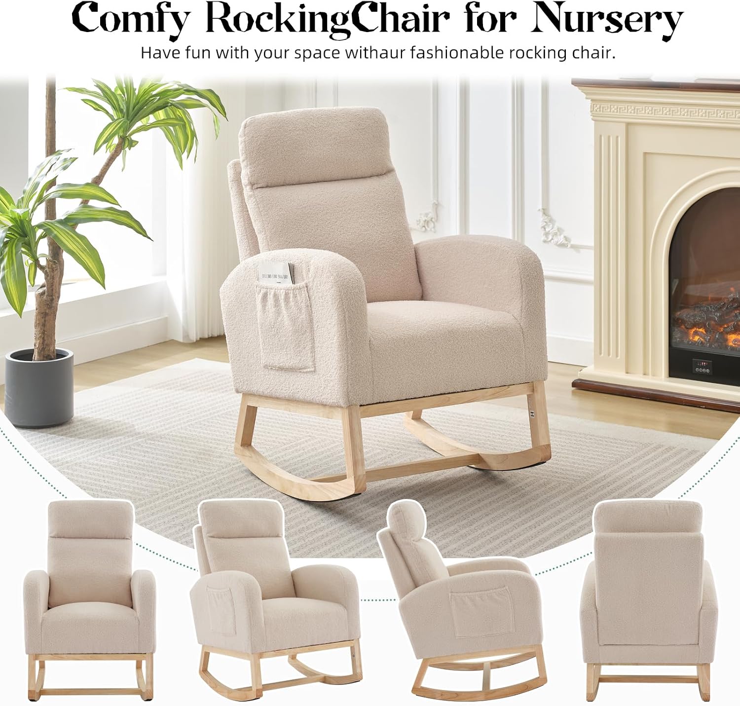 GAOMON Rocking Chair Glider for Nursery, Comfy Rocker Nursery with Side Pocket & High Backrest, Baby Rocking Chair for Breastfeeding, Upholstered Rocker & Living Room, Beige