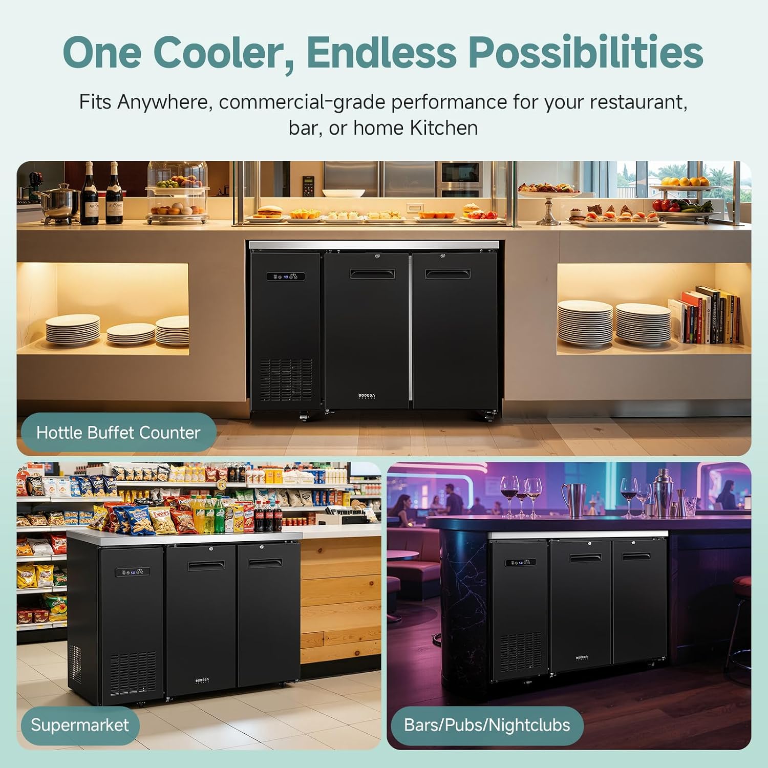 BODEGA BODEGACOOLER Commercial Back Bar Cooler with 2 Solid Doors,12 Cu.Ft Commercial Counter Height Bar Refrigerator,Display Drink Beverage Beer Fridge LED Light,SUS304 Top,4 Casters,Black