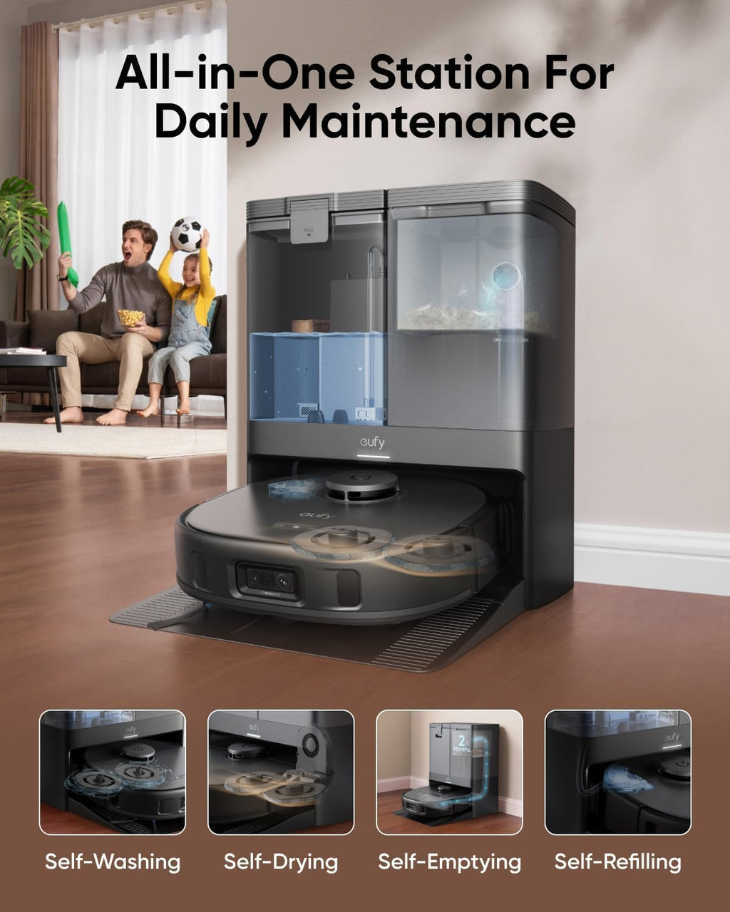 eufy Certified Like-New X10 Pro Omni Robot Vacuum and Mop Combo, 8,000 Pa Suction, Dual Mops with 12 mm Auto-Lift and Carpet Detection, Auto Mop Washing, Auto Drying, Self-Emptying(Renewed)