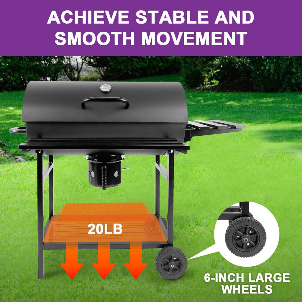 Charcoal BBQ Grill with Thermometer & Foldable Side Table, 565 sq in Cooking Space Large Charcoal Grills, Barrel Charcoal Grills for Backyards Picnic Cookouts