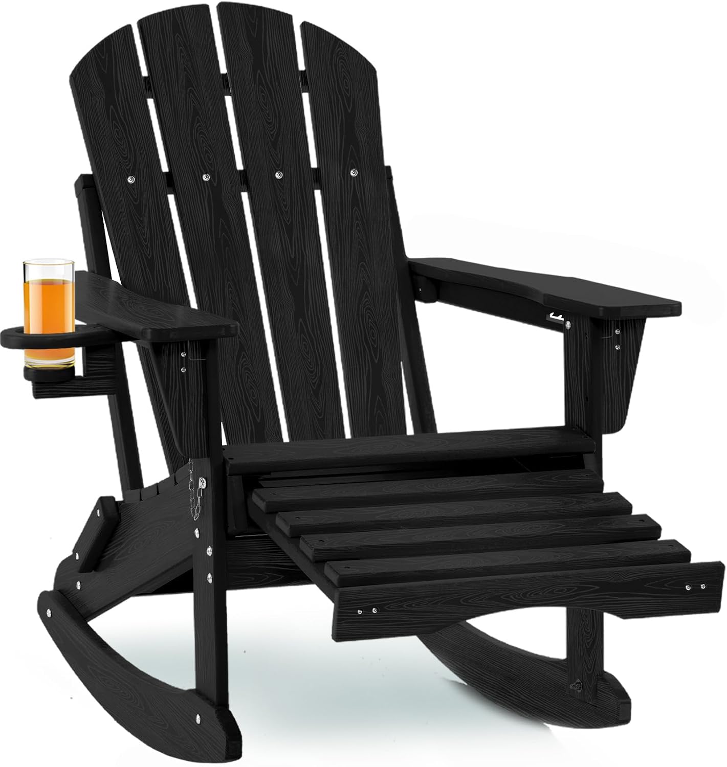 Adjustable Adirondack Rocking Chair with Retractable Ottoman, 4-in-1 Multifunctional Folding Patio Chair with Cup Holder, Outdoor Chair Wood Texture for Lawn, Porch, Backyard, Pool(Black)