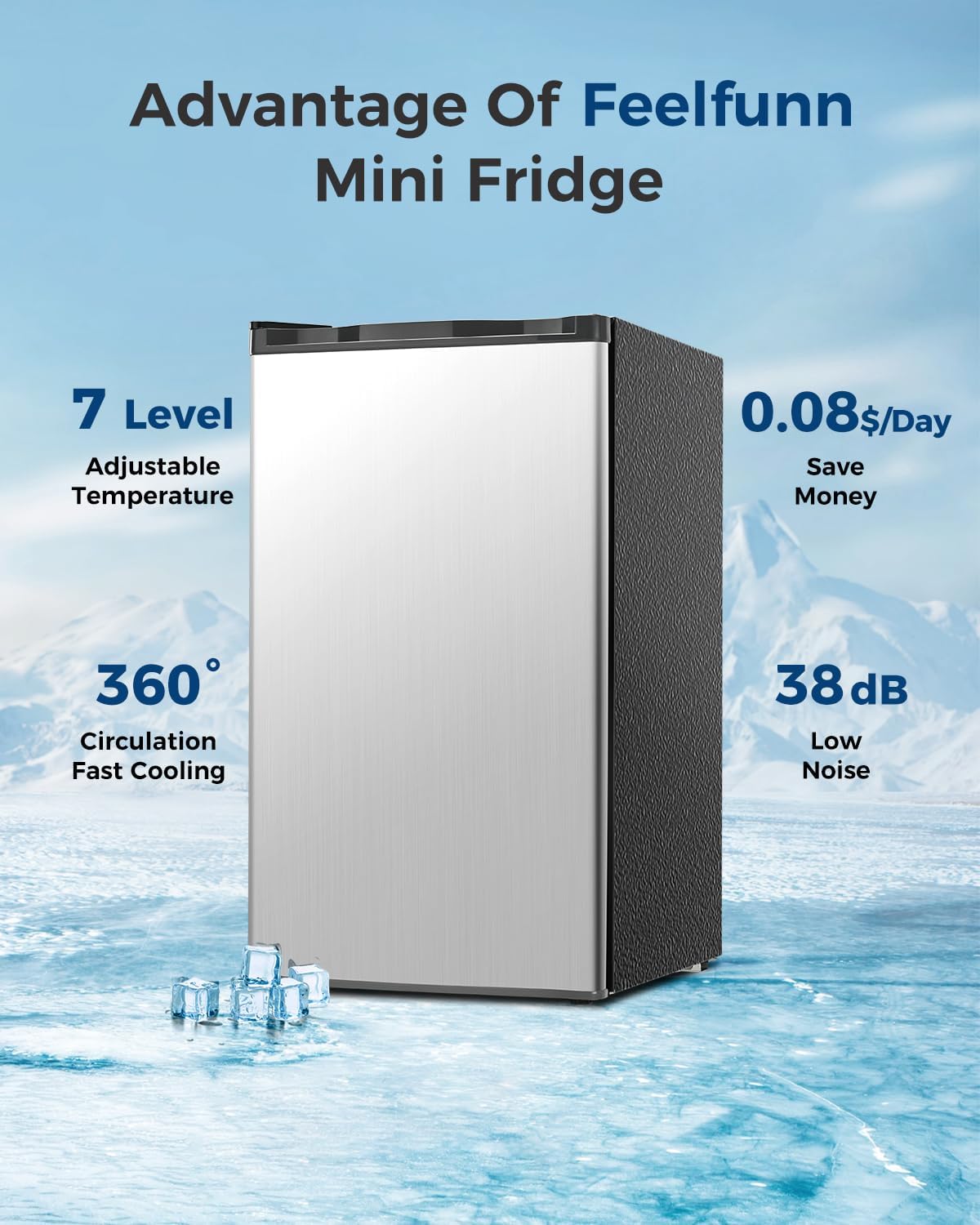 Feelfunn Mini Fridge with Freezer - 3.2 Cu.Ft Single Door Mini Refrigerator with Adjustable Thermostat, Low Noise, Energy Saving, Small Fridge for Bedroom, Apartment, Dorm, Classroom, Office - Silver