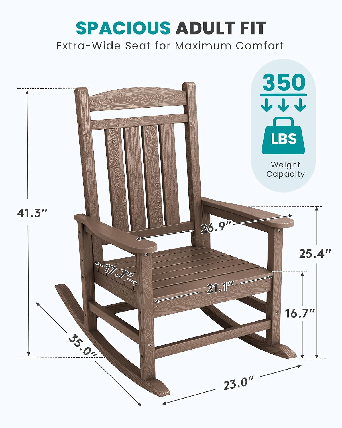SERWALL Oversized HDPE Outdoor Rocking Chair Set of 2, Patio Rocking Chairs, All-Weather Porch Rockers for Adults, Brown
