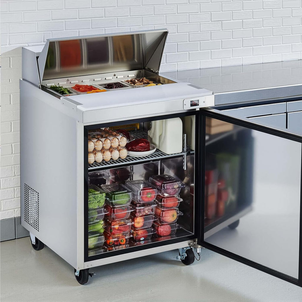 VEVOR Commercial Refrigerator, 28' W Sandwich/Salad Prep Refrigerated Table, Stainless Steel Food Prep Station Fridge with 8 Pan, for Restaurant, Bar, Shop, 7.1 Cu. Ft Refrigerator Single Door, Silver