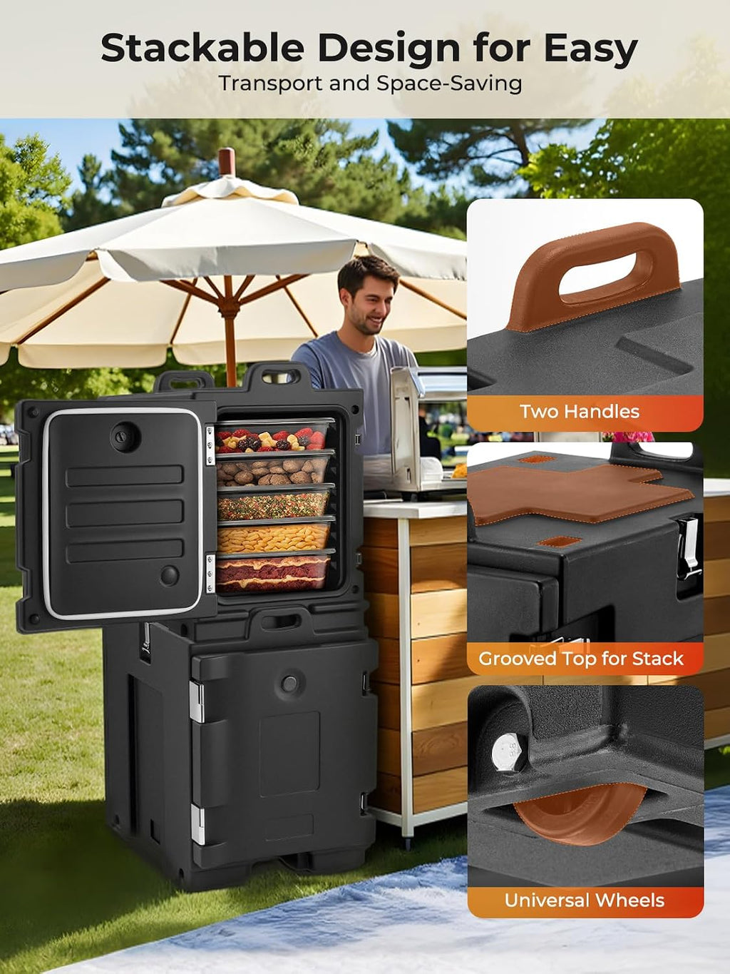 Catering Food Warmer w/Wheels, 82Qt Front Loading Hot Box Food Warmer, LLDPE Insulated Food Pan Carrier w/Handles, Stackable Portable Food Warmer Keep Food Hot for Catering, Party (Pans Not Included)