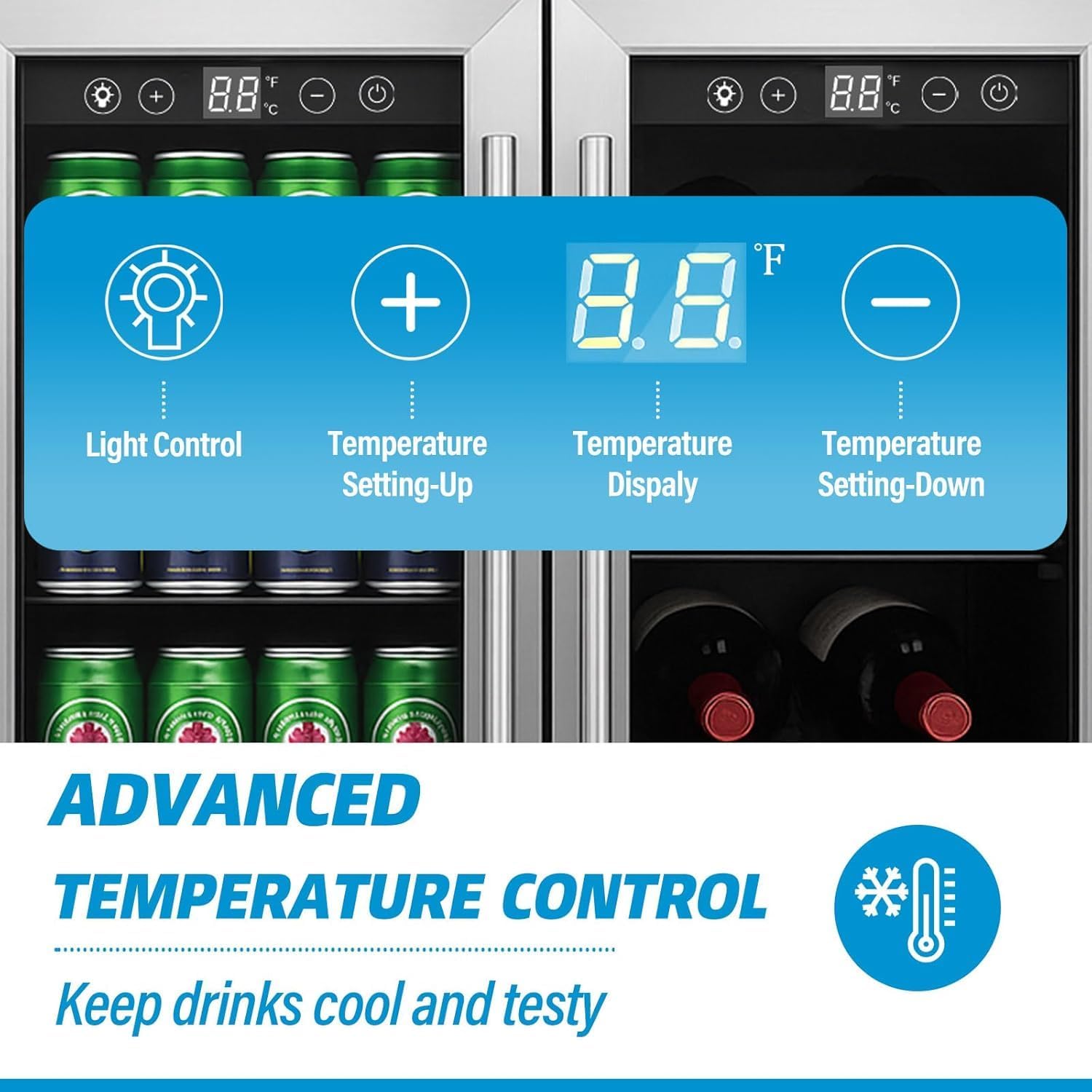 Stopasd Beverage Refrigerator Cooler, 5.4 Cu.Ft/176 Can Drink Fridge with Dual Zone Beverage Cooler Under Counter with Glass Door&LED Light, Quiet Undercounter Small Fridge for Home/Office/Bar, Silver